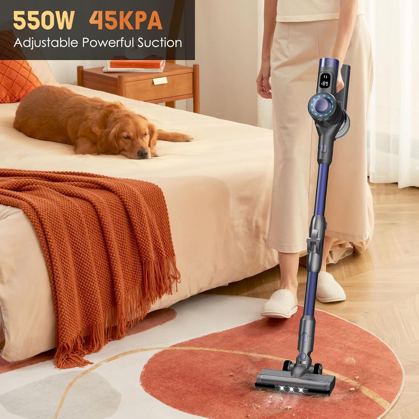 Cordless Vacuum Cleaner, 8-in-1 Lightweight Stick Vacuum with 45mins Runtime, Powerful Suction, Rechargeable Cordless Vacuum for Carpet, Tile, Pet Hair, Hardwood Floors, Black